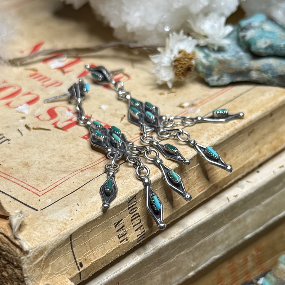 Artisan Native American Sterling Silver Turquoise Chandelier Dangle Earrings - Picture 7 of 10